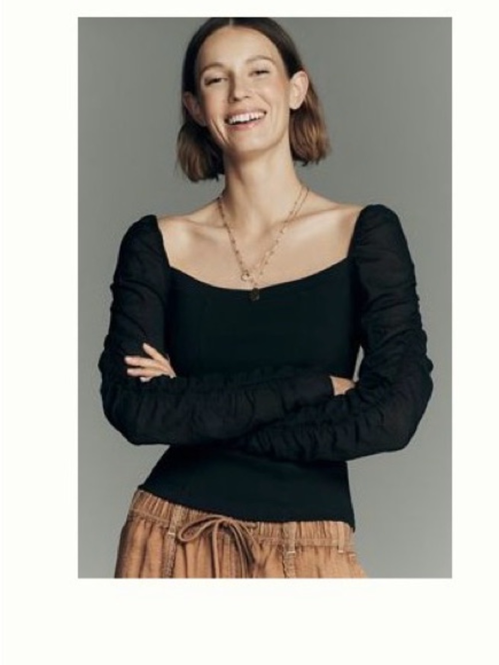 Anthropologie Black Square-Neck Long Sleeve Ruched Top